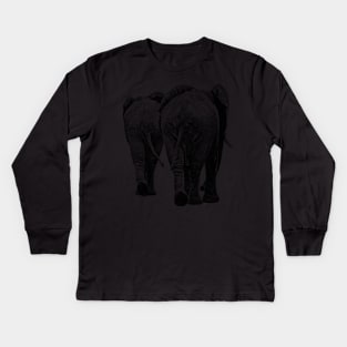 Elephant Pair Full Figure Rear View in Black and White Kids Long Sleeve T-Shirt